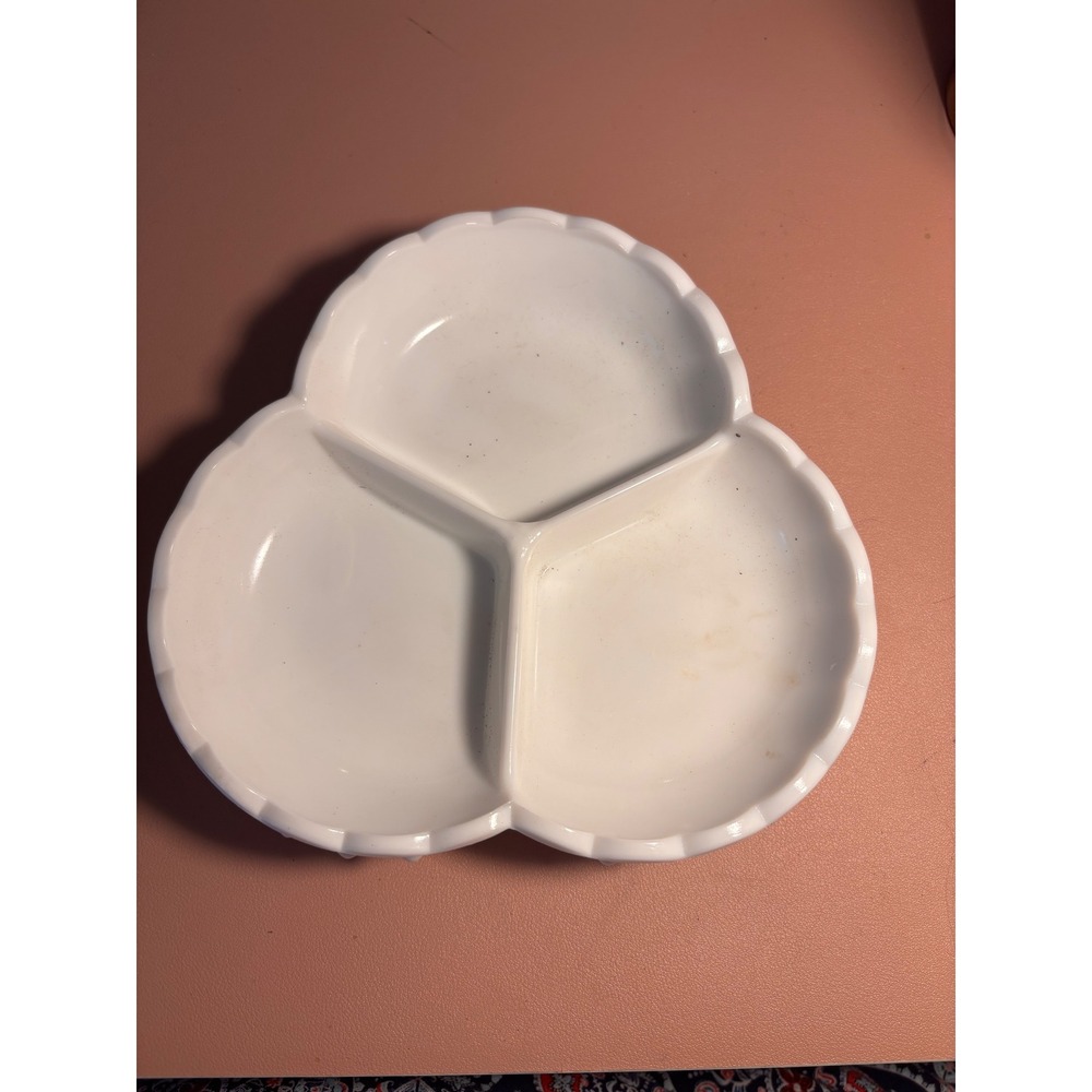 Vintage White Milk Glass Hobnail Divided Relish Dish Scalloped 3 Section Server